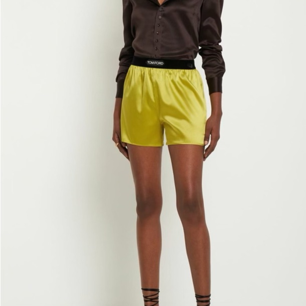 Tom Ford Yellow Satin Shorts with Black Waistband - Picture 7 of 7